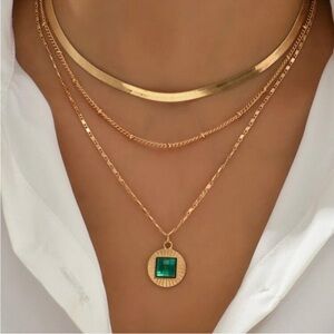 Gold & Green Rhinestone Layered Necklace